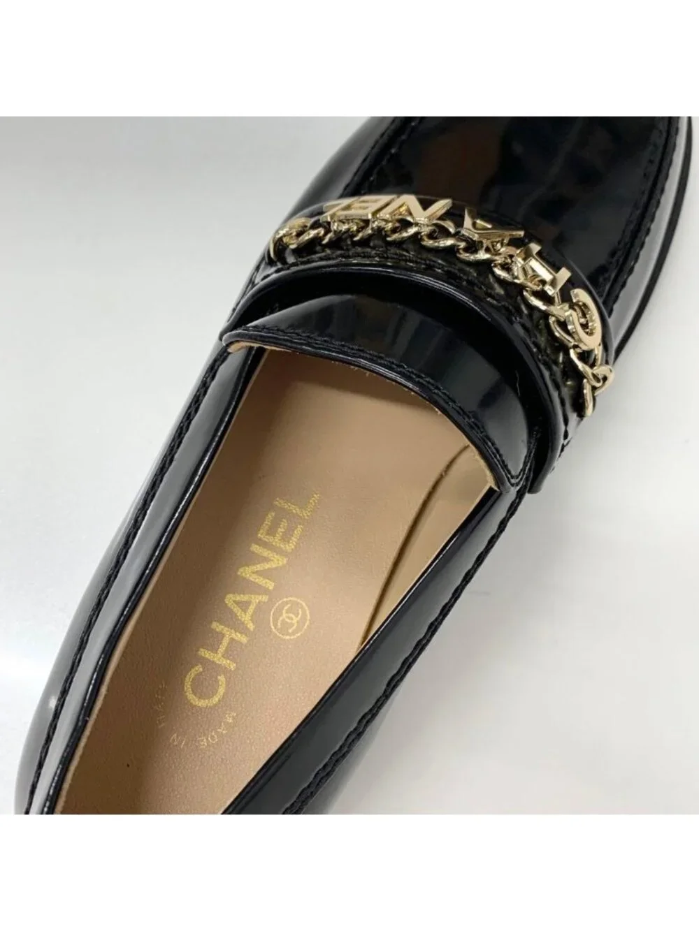 Chanel Patent Logo CC Chain Loafers Black
